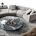 Modern Luxury Curved Gray Fabric Sofa and Round Marble Coffee Table Set With Ottoman