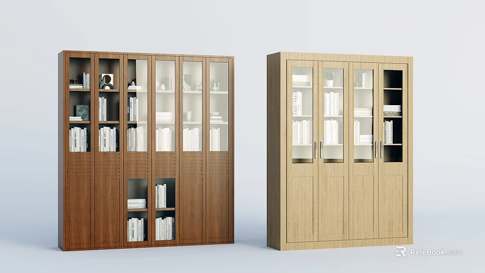 Modern Wooden Bookcases In Dark Brown And Light Wood Tones With Books And Decor Items 3d model 