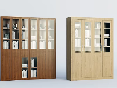 Modern Wooden Bookcases In Dark Brown And Light Wood Tones With Books And Decor Items 3d model