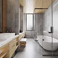 Modern Bathroom Interior Design With Double Vanity Wooden Elements Marble Walls And Mirrors