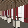 Museum Exhibition Hall Interior With Wooden Ceiling Display Cases And Exhibits