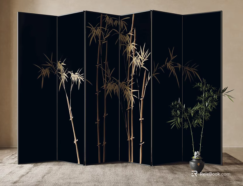 Modern Black Room Divider Screen With Golden Bamboo Patterns And Potted Bamboo Plant 3d model 