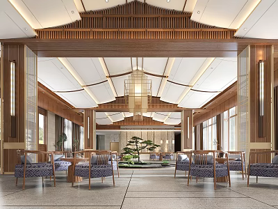 Elegant Chinese Hotel Lobby Interior With Wooden Ceiling Chandelier And Green Plants 3d model