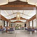Elegant Chinese Hotel Lobby Interior With Wooden Ceiling Chandelier And Green Plants