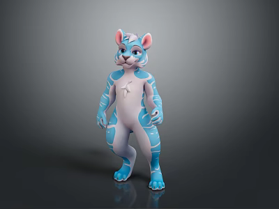 Blue And White Striped Anthropomorphic Feline Game Movie Character In Cartoon Style Standing Pose 3d model