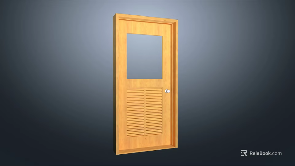 Wooden Security Door With Glass Panel Vertical Slats And Lockable Handle 3d model 