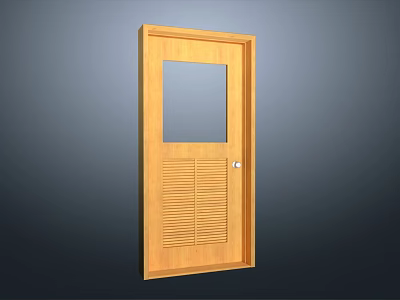 Wooden Security Door With Glass Panel Vertical Slats And Lockable Handle 3d model