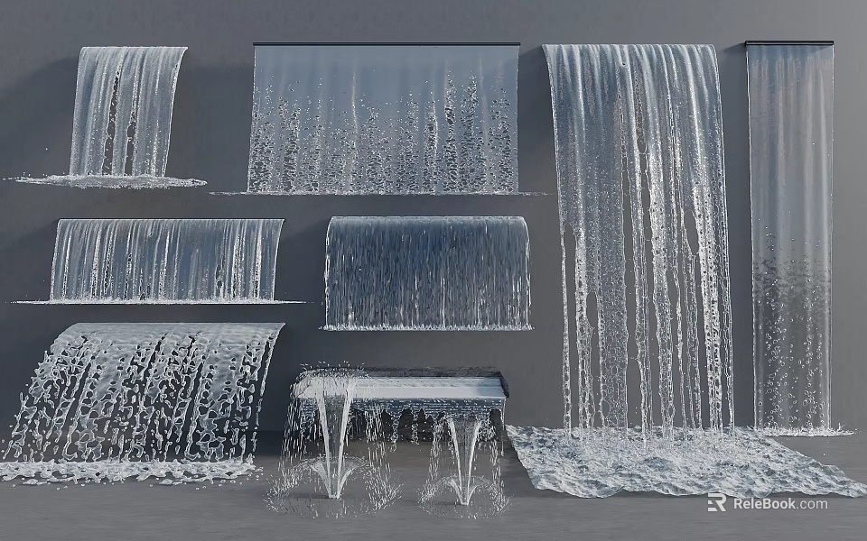Different Water Feature Fountains With Waterfall Designs Water Curtains And Flowing Stream Effects 3d model 