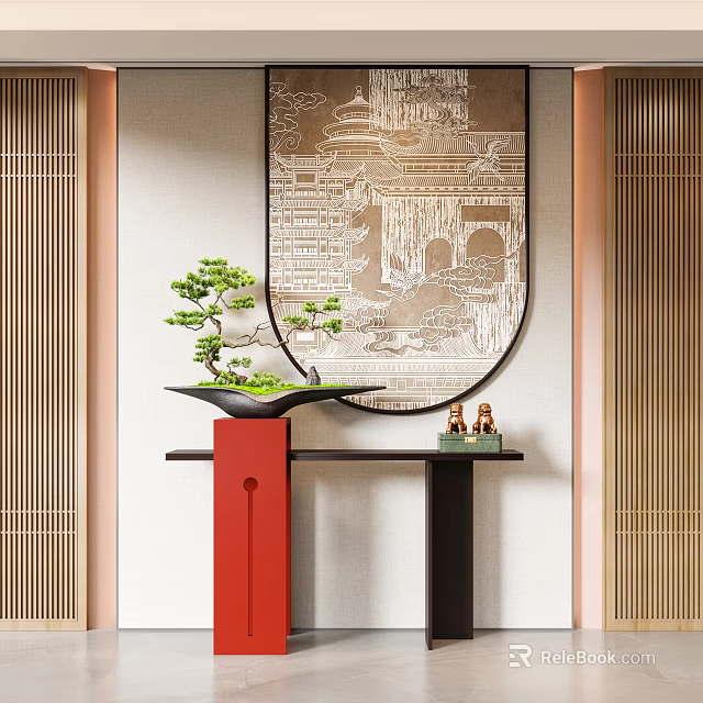 Traditional Console Table With Red Base Black Top Bonsai Plant Decorative Mirror And Small Figurines 3d model 