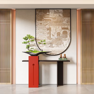 Traditional Console Table With Red Base Black Top Bonsai Plant Decorative Mirror And Small Figurines 3d model