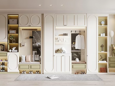 Modern Light Colored Shoe Cabinet Design With Bench Hooks And Storage Space 3d model