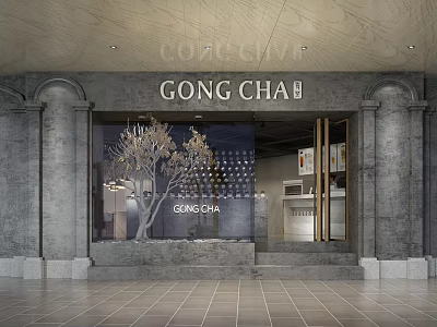 GONG CHA Modern Storefront with Gray Walls Columns Glass Doors and Tree Like Decoration 3d model