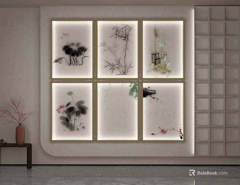 Traditional Chinese Ink Paintings Wall Decor With Lotus Bamboo Pavilion Vase And Shelf 3d model 