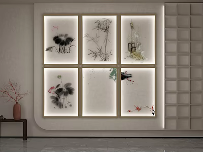 Traditional Chinese Ink Paintings Wall Decor With Lotus Bamboo Pavilion Vase And Shelf 3d model
