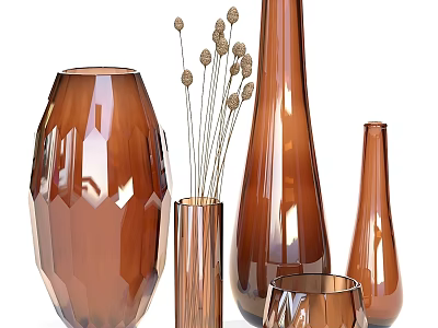 Modern Copper Colored Decorative Vase Set With Dried Flowers And Various Shapes 3d model