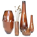 Modern Copper Colored Decorative Vase Set With Dried Flowers And Various Shapes