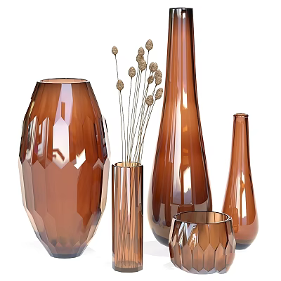 Modern Copper Colored Decorative Vase Set With Dried Flowers And Various Shapes 3d model