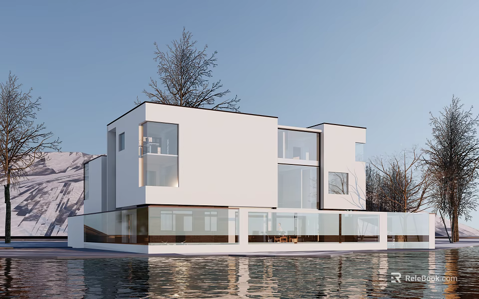 Modern Detached Villa With Sleek White Exterior Large Glass Walls Waterfront And Trees 3d model 