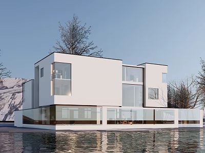Modern Detached Villa With Sleek White Exterior Large Glass Walls Waterfront And Trees 3d model