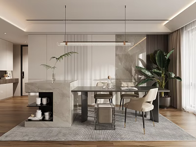 Modern Restaurant Interior With Island Counter Dining Table Chairs And Pendant Lights 3d model