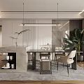 Modern Restaurant Interior With Island Counter Dining Table Chairs And Pendant Lights