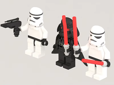 Lego Style Action Figures Featuring Black Character With Red Lightsabers And White Soldiers Holding Weapons 3d model