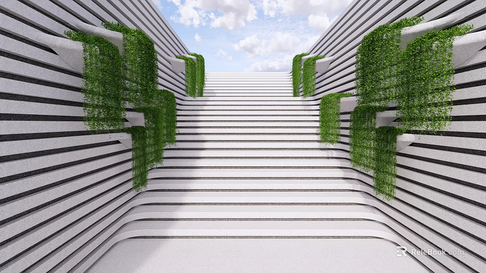 White Modern Stairs With Green Plant Covered Side Walls And Blue Sky Background 3d model 