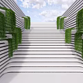 White Modern Stairs With Green Plant Covered Side Walls And Blue Sky Background