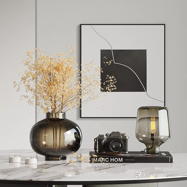 Tabletop Decorative Ornament Set With Dried Flower Vase Vintage Camera Lamp Book And Candles 3d model 