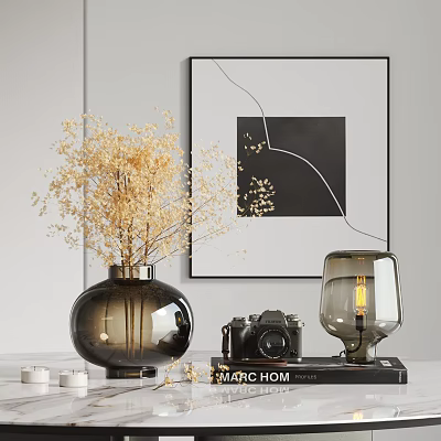 Tabletop Decorative Ornament Set With Dried Flower Vase Vintage Camera Lamp Book And Candles 3d model