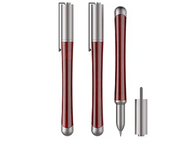 Three Modern Red Barrel Pens With Silver Metal Ends And Cap For Daily Writing 3d model