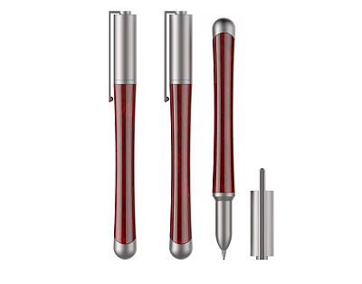Three Modern Red Barrel Pens With Silver Metal Ends And Cap For Daily Writing 3d model
