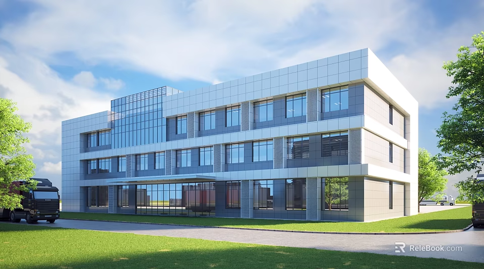 Modern Office Building Exterior With Glass Curtain Wall And Green Lawn Design 3d model 