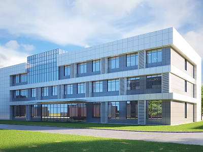 Modern Office Building Exterior With Glass Curtain Wall And Green Lawn Design 3d model