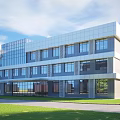 Modern Office Building Exterior With Glass Curtain Wall And Green Lawn Design