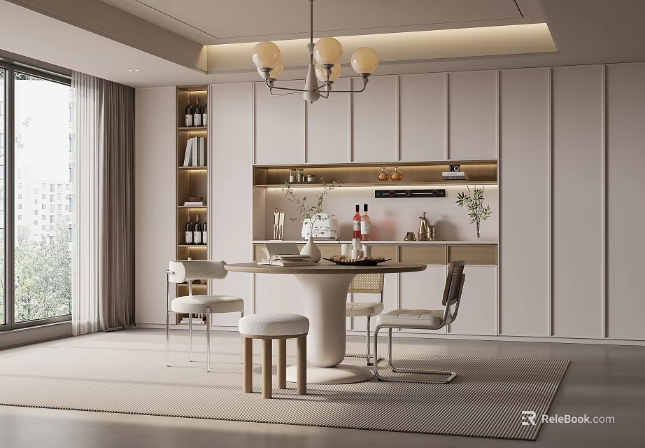 Modern Restaurant Interior With Pendant Lights Dining Table Chairs Wine Rack And Cabinets 3d model 
