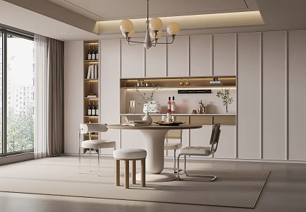 Cream style restaurant table and chairs 3d model