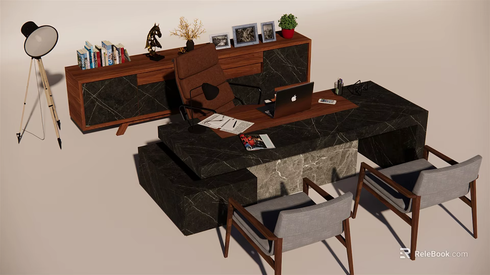 Modern Office Desk With Marble Top And Wooden Bookshelf Books Plant And Photo Frames 3d model 
