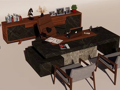 Modern Office Desk With Marble Top And Wooden Bookshelf Books Plant And Photo Frames 3d model