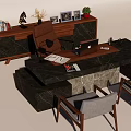 Modern Office Desk With Marble Top And Wooden Bookshelf Books Plant And Photo Frames