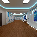 Modern Interior With Wooden Flooring Square Ceiling Lights Blue White Wall Decor Large Display Panel 3d model