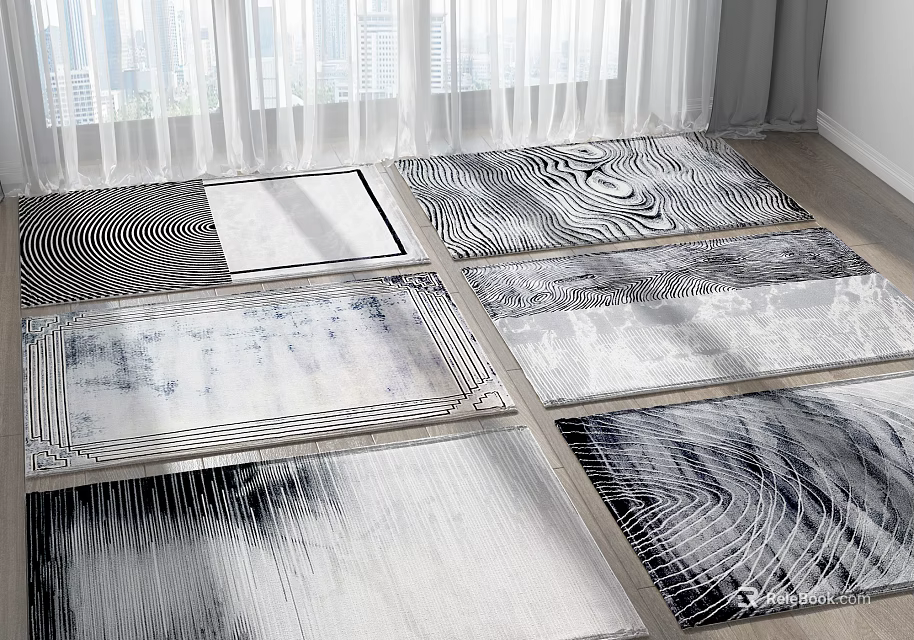 Modern Square Rugs With Various Abstract Black And White Patterns For Living Room Floor 3d model 