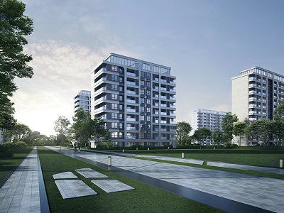 Modern High-rise Residential Buildings With Green Lawns Trees And Walking Paths 3d model