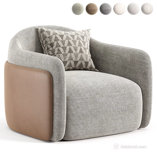 Single Seater Sofa With Gray Fabric And Brown Leather Accent And Geometric Pattern Pillow 3d model 