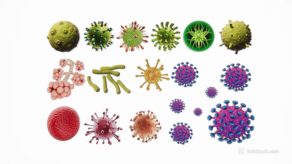 Colorful Virus and Bacteria Silhouettes with Diverse Microscopic Shapes and Forms 3d model 