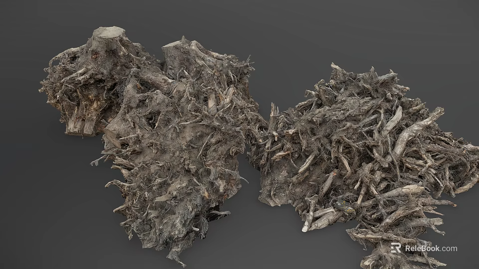Natural Wood And Stone Materials With Rough Textures And Root Structures 3d model