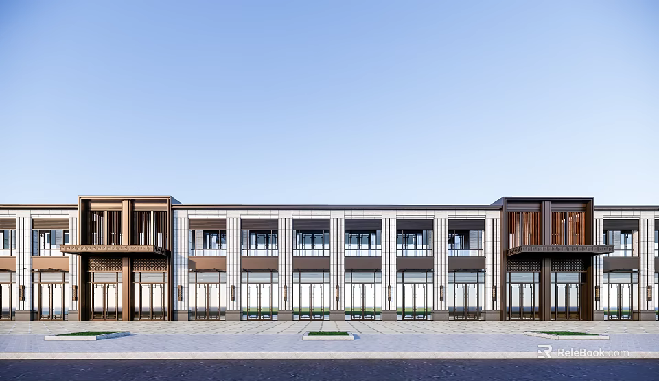 Modern Commercial Street Facade Design With Multi Story Buildings Glass Windows And Wooden Accents 3d model 