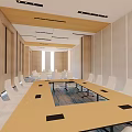 Spacious Conference Room With Round Table Black Chairs Modern Chandelier Large Windows And Flat Screens