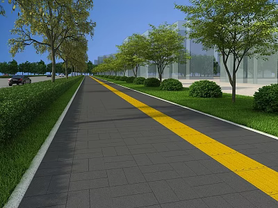Road Facilities With Gray Brick Pavement Yellow Center Line Green Trees Shrubs And Sunny Sky 3d model