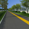 Road Facilities With Gray Brick Pavement Yellow Center Line Green Trees Shrubs And Sunny Sky